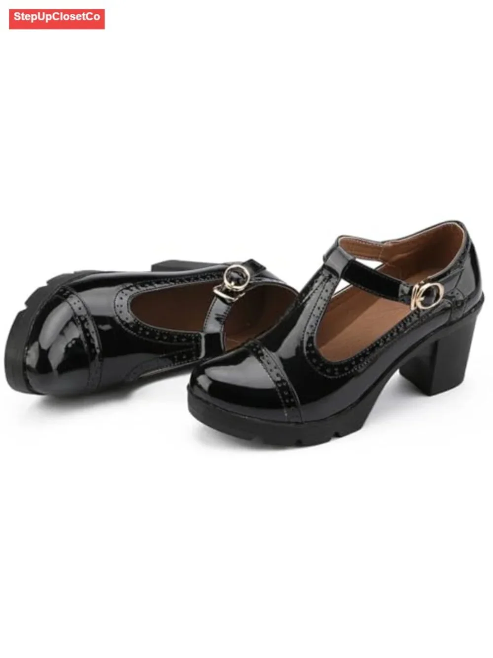 Women's Classic T-Strap Platform Mid-Heel Square Toe Oxfords Dress Shoes